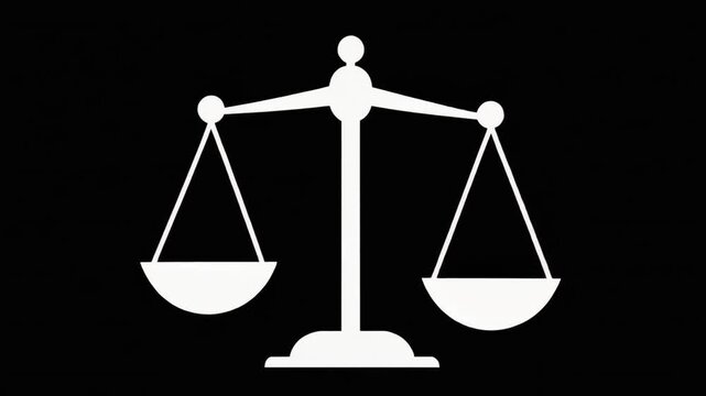 White minimalist scale of justice icon on black background representing financial growth balance and legal system.