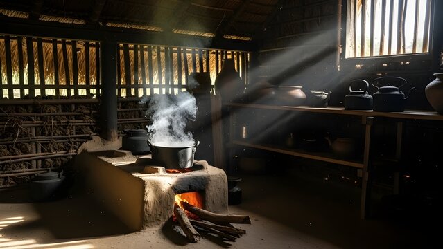 AI generated interior of a traditional Sri Lankan village kitchen with a wood-fired clay stove, smoke, and sunbeams in a rustic thatched-roof hut.
