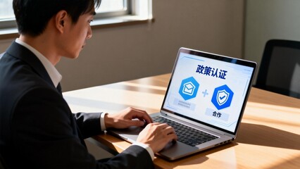 Man in suit working on laptop with policy certification