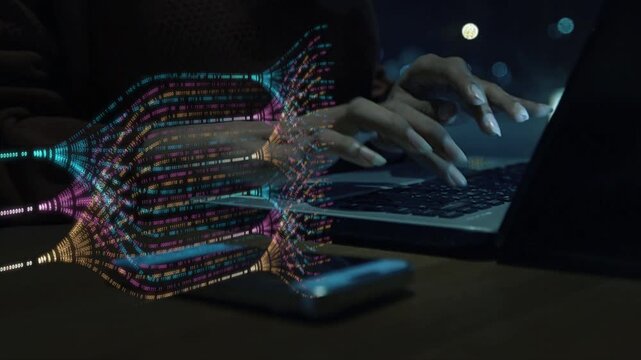 Woman use computers to this video sequence visually depicts an intricate network of glowing lines and particles, the vast flow of information, complex data processing, and interconnected systems