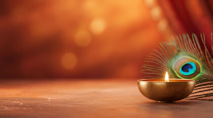 Golden oil lamp burning with peacock feather against warm blurred background for hindu thaipusam festival and lord murugan worship concept