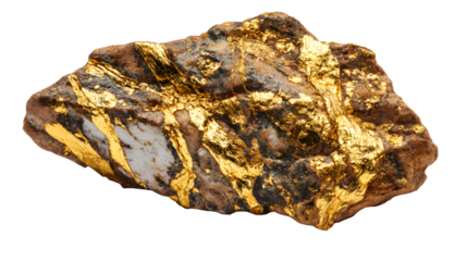Raw gold nugget with rough textured surface shiny metallic gold ore mineral specimen on white background with precious and luxury and wealth
