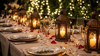 Outdoor dinner table with lanterns and floral decorations