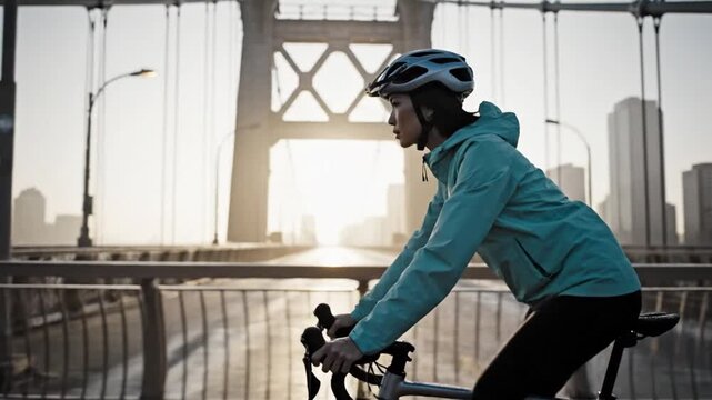 Woman Cycling on Bridge at Sunrise with City Skyline and Sun Flare