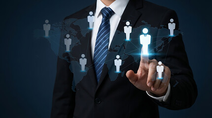 Global networking concept with businessman touching holographic human icons on world map background for international business communication and human resources connection across the globe