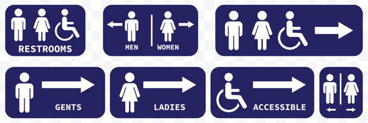 Public restroom and toilet facility icon set. Men and women restroom icon sign right arrow. Collection of restroom and accessibility icons for men women and disabled man. eps 10