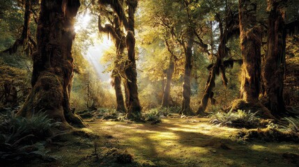 Obraz premium Sunlit Forest Glade with Moss Covered Trees and Reflected Light on Wet Ground in a Lush Woodland Scene