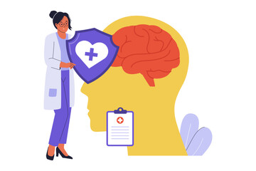 Mental Health Insurance and Psychological Support Protection Illustration. A female doctor holding a safety shield over a human brain profile, representing professional psychological support & therapy