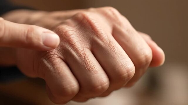 Close-up of a dry, wrinkled hand being pointed at