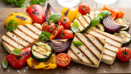 Grilled vegetables on wooden board