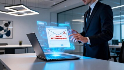 Businessman interacting with holographic laptop display