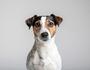 A close-up portrait of a Jack Russell Terrier with distinctive markings and alert eyes, set against a plain grey backdrop, capturing its charming expression