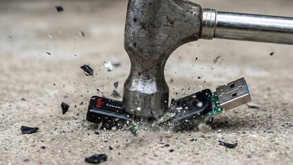 Digital Demolition: A close-up shot of a USB device being brutally shattered by a hammer. conveying the idea of destruction and damage.