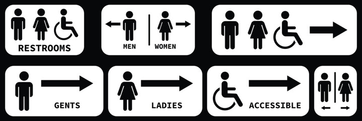 Public restroom and toilet facility icon set. Men and women restroom icon sign right arrow. Collection of restroom and accessibility icons for men women and disabled man. eps 10