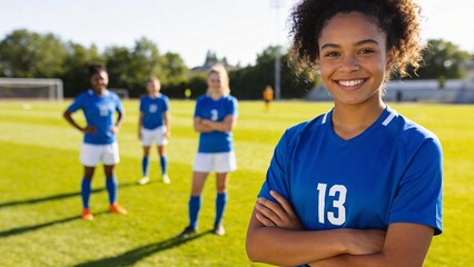 Obraz premium Female soccer player on field with teammates