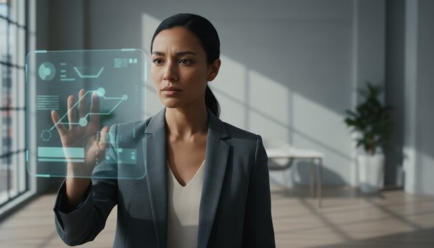 Business woman analyzing financial charts on holographic screen in office - Powered by Adobe