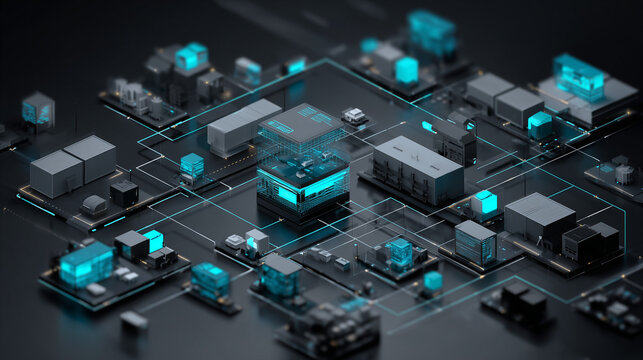 futuristic isometric ai driven logistics automation scene, smart warehouse and automated manufacturing process 3d visualization, intelligent supply chain technology with blue glowing data streams