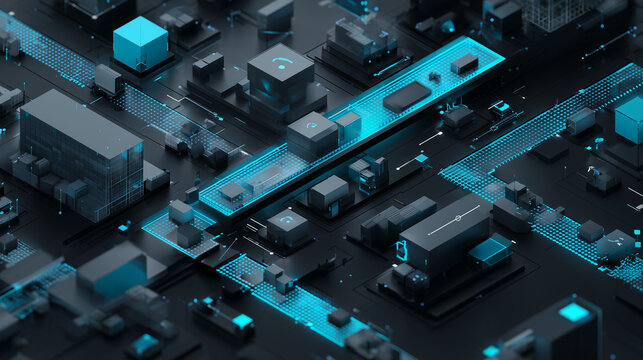 futuristic isometric ai driven logistics automation scene, smart warehouse and automated manufacturing process 3d visualization, intelligent supply chain technology with blue glowing data streams