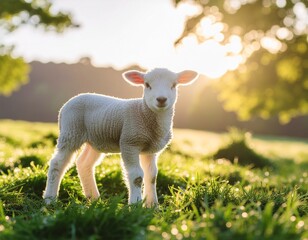 Fototapeta premium A bright, soft, and fluffy lamb standing in a sun-drenched grassy field, bathed in warm golden hour light with trees in the background