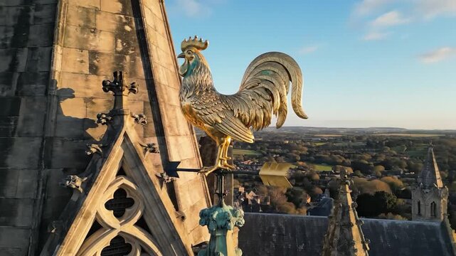 Ornate golden rooster weathervane on grand gothic stone spire overlooking distant town