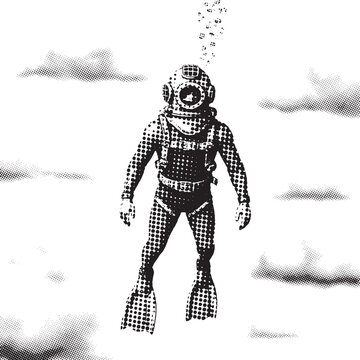 Vintage Diver in Retro Scuba Gear Ascending with Bubbles, Halftone Illustration Style