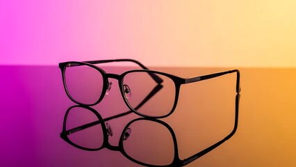 Black Eyeglasses on Reflective Surface with Gradient Background