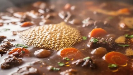 Close up of simmering stew with vegetables and meat creating warm and inviting food imagery