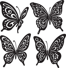 Fototapeta premium Four decorative black and white butterflies with intricate wing patterns
