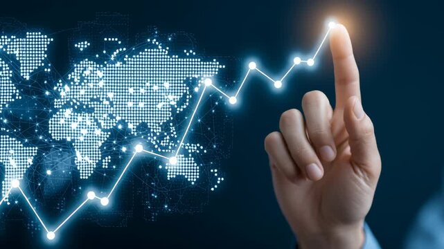 Hand Pointing Upward Towards Dynamic Graph with Data Visualization on World Map Background, Symbolizing Growth and Success in Business Strategies