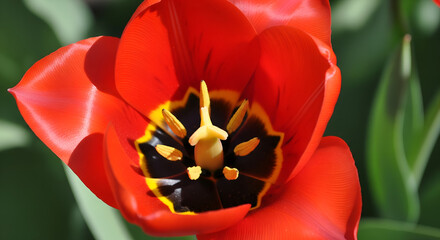 A red tulip in full bloom, its vibrant petals surrounding a striking black center and yellow stamen, a testament to the beauty of spring. Close-up shot of a tulip flower with red petals