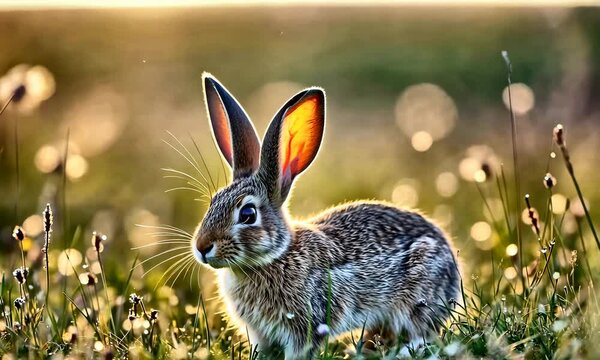 A cute brown bunny with fluffy fur and long ears sits nestled in the green grass of a spring meadow, capturing the essence of wild nature and adorable garden wildlife