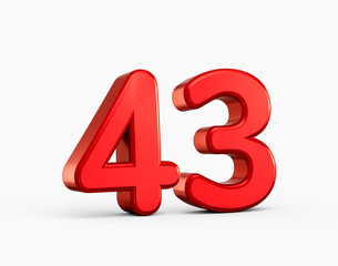 Shiny red three dimensional number 43 with soft shadows and sleek style. 3d illustration