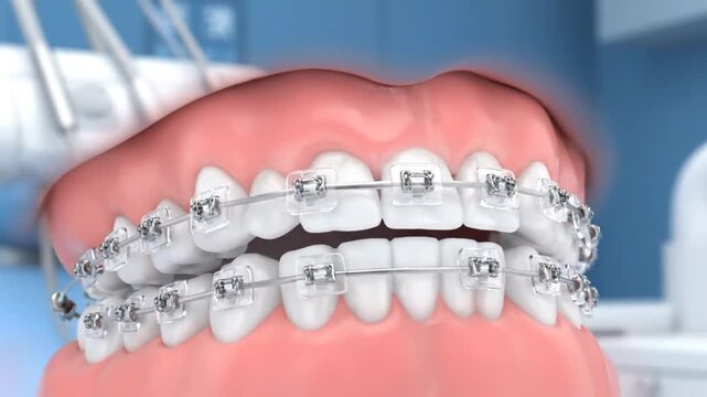 Orthodontic treatment demonstration: Applying clear braces and archwire to perfect teeth alignment and smile