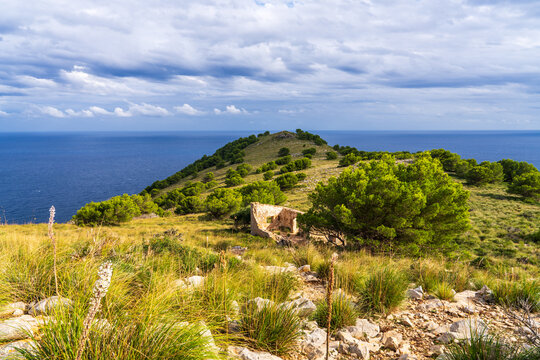 Ruins of an old stone tower on mountain with sea view in Canyamel, Mallorca, Spain. Historic coastal defense remains surrounded by rocky landscape and Mediterranean scenery.