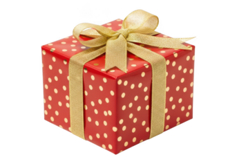 Beautifully wrapped red gift box with gold polka dots and ribbon isolated on transparent background