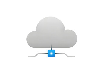 Cloud computing concept with grey cloud and blue data processing unit connected by lines isolated on transparent background