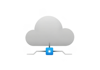 Cloud computing concept with grey cloud and blue data processing unit connected by lines isolated on transparent background