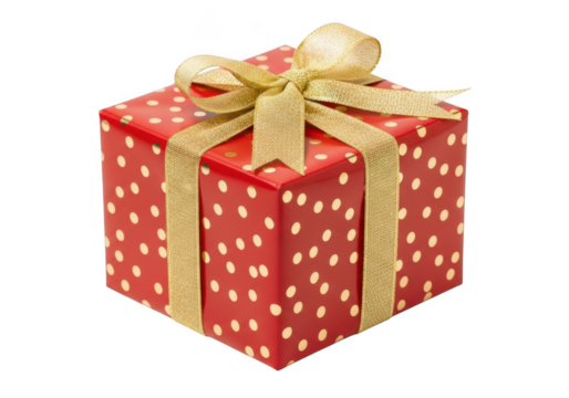 Beautifully wrapped red gift box with gold polka dots and ribbon isolated on transparent background - Powered by Adobe