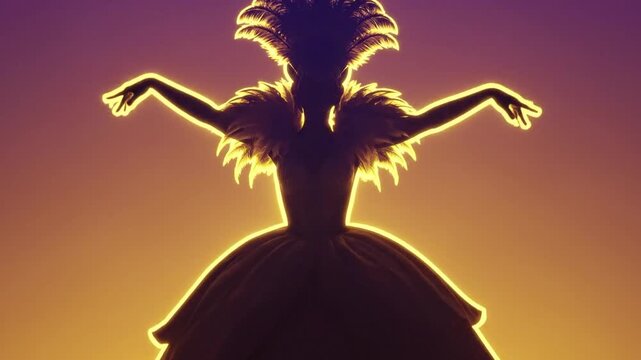 Elegant silhouette figure in formal gown and feathered headpiece against a gradient background