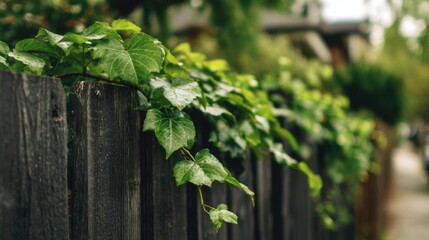 Lush green ivy growing on a weathered wooden fence