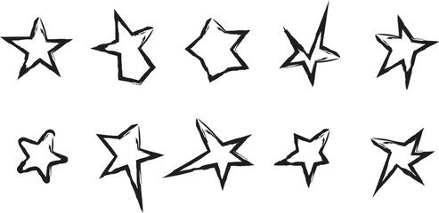 Obraz premium A collection of ten hand-drawn star shapes with black outlines on a white background