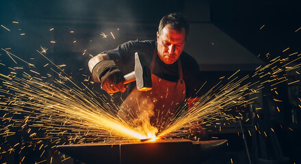 Skilled metal craftsman intensely forges hot iron, creating a dazzling display of sparks in a traditional workshop environment