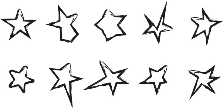A collection of ten hand-drawn star shapes with black outlines on a white background