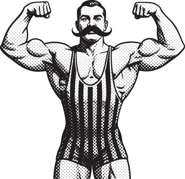 Vintage Strongman Flexing Muscles, Retro Circus Performer Halftone Vector Illustration