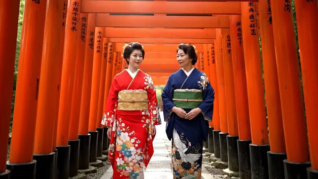 Two women in traditional kimonos walk through torii gates