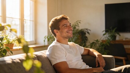 Man sitting on couch in sunlit room