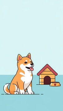 かわいい犬小屋の柴犬,座る,青背景,イラスト