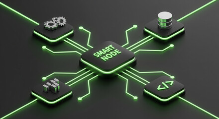 Smart Node Network Connection, 3D Isometric Circuit Technology with Data Storage, Processing Gears and Programming Code Icons