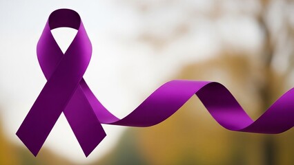 Purple awareness ribbon floating with soft autumn bokeh background.
