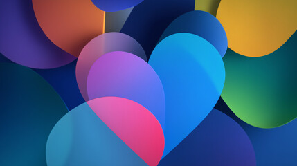 abstract blue heart on colorful overlapping circles background, modern conceptual art representing digital communication and empathy, vibrant geometric wallpaper with blue heart centerpiece
